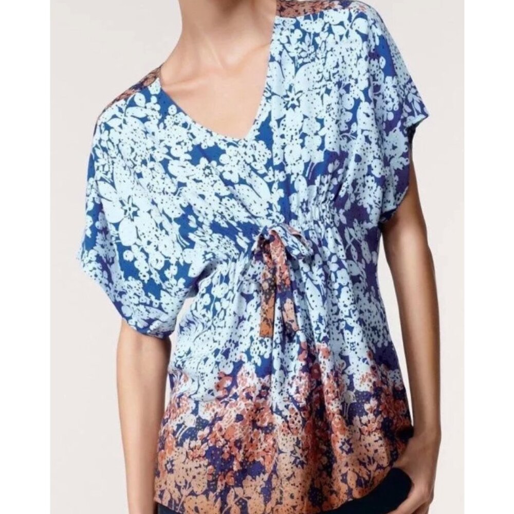 CABI 891 Ombre Floral Short Dolman Sleeve Tunic Blue Orange Dip Dye Rayon Top XS